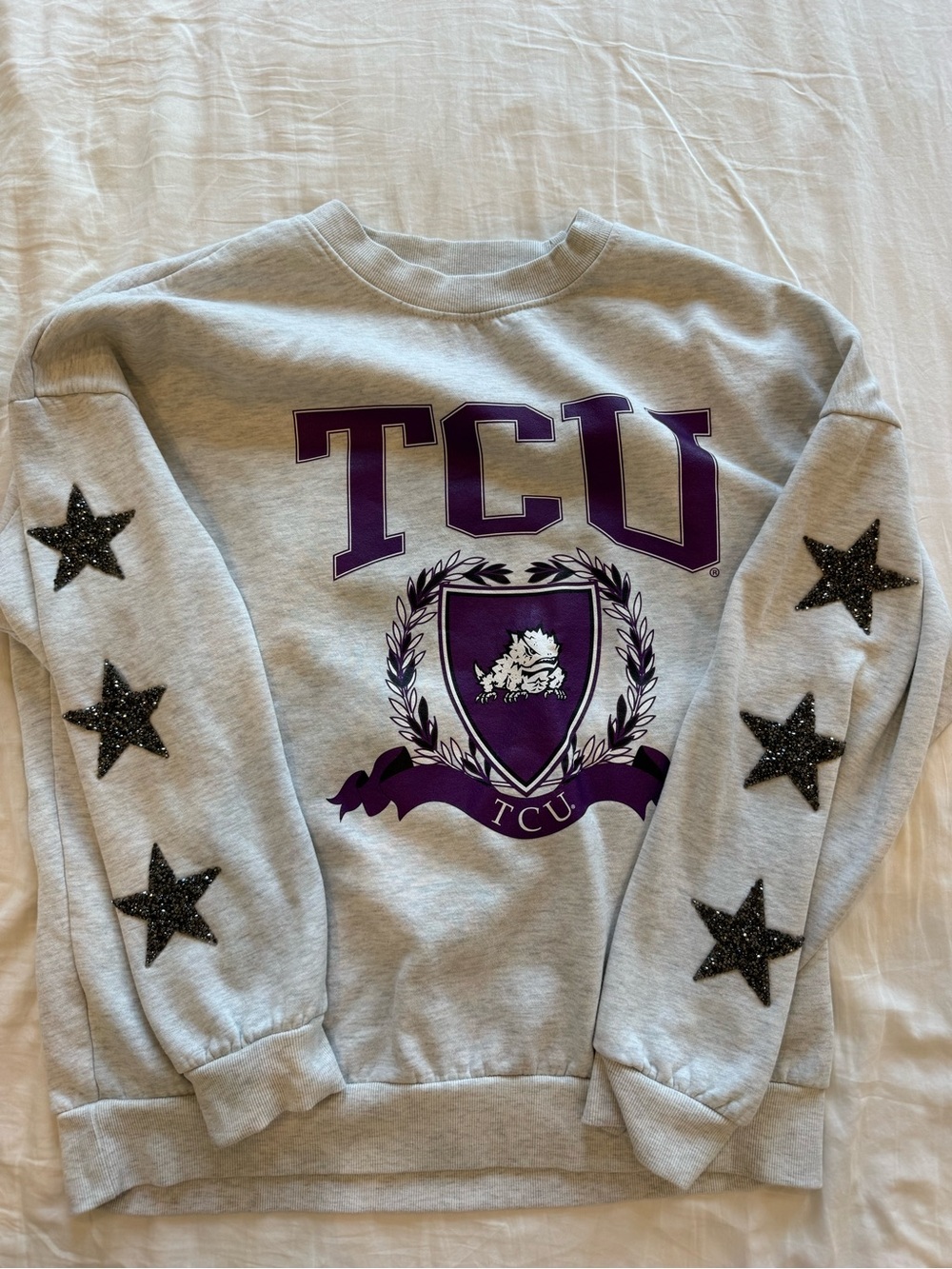 TCU Gray Crewneck Sweatshirt with Purple Crest and Star Sleeve Accents